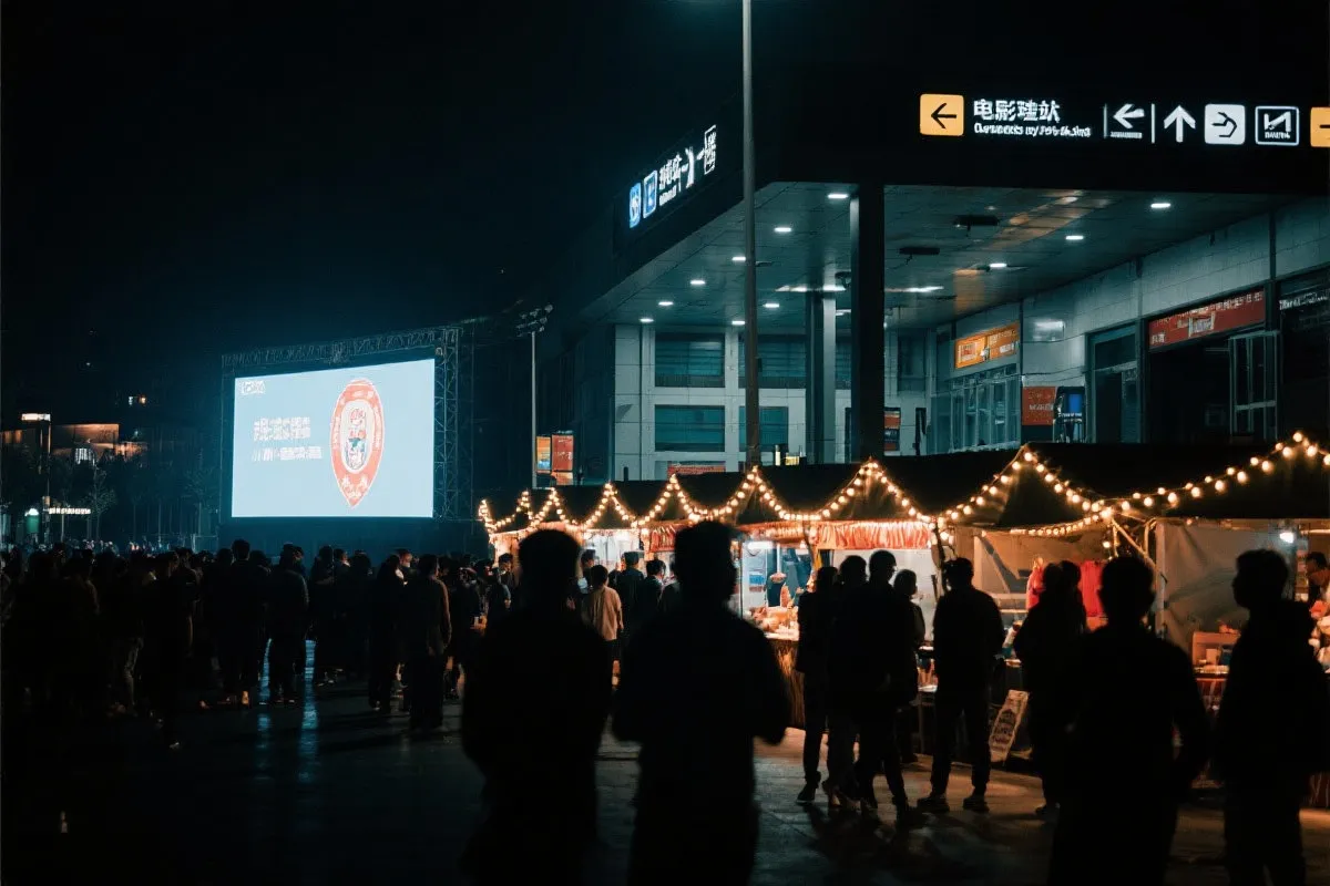 费城球迷广场夜景：大屏观赛人群、步行指示牌与公共交通入口