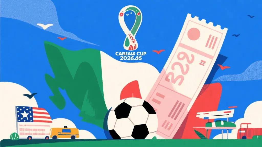 2026年美加墨世界杯概念图，包含足球与高昂旅行账单元素